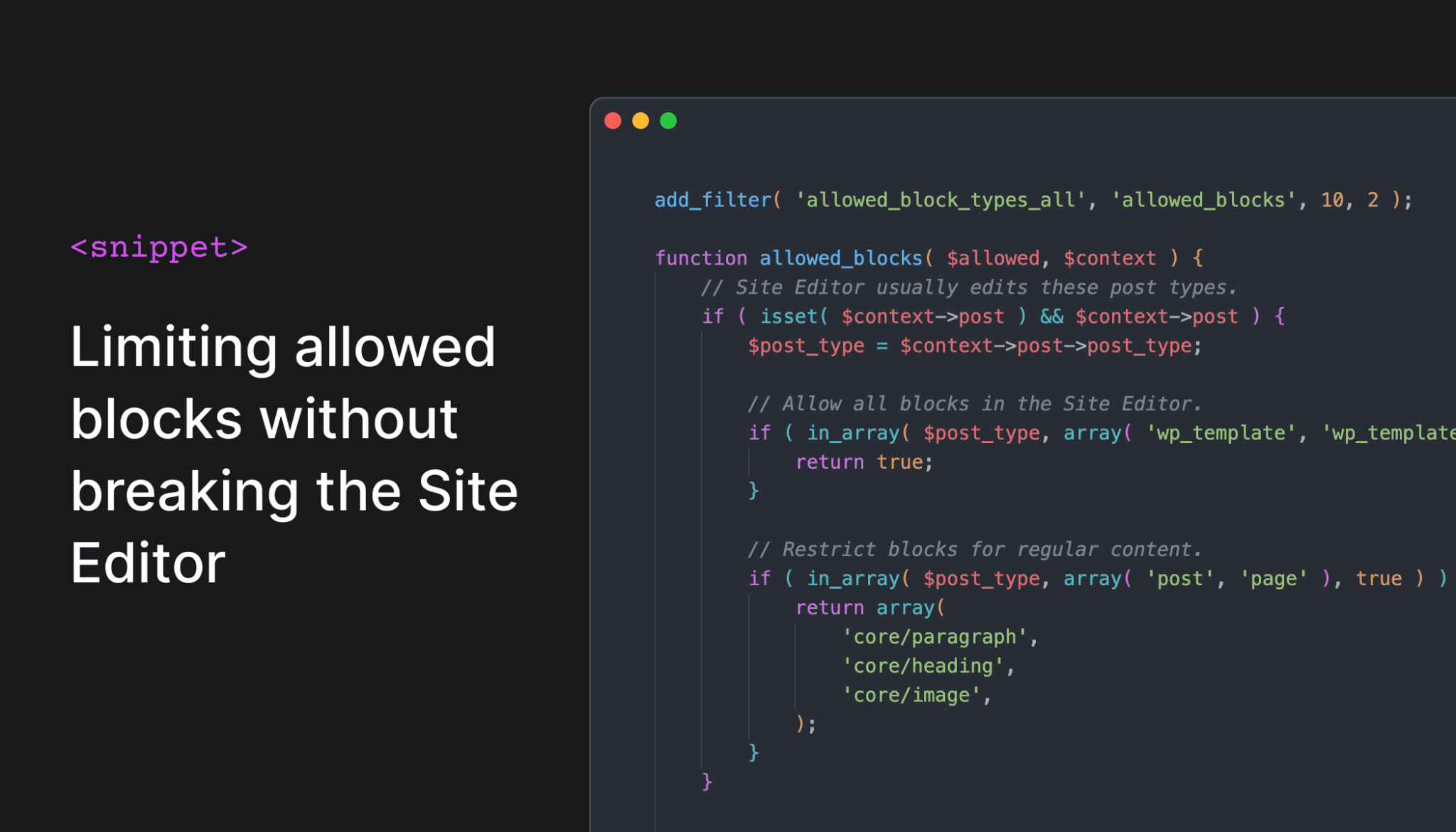 Cuplikan: Membatasi pemblokiran yang diizinkan tanpa merusak Editor Situs